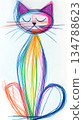 doodle-style children's drawings of cat, bright colors on a white background, simple drawings, children's art created with crayons 134788623
