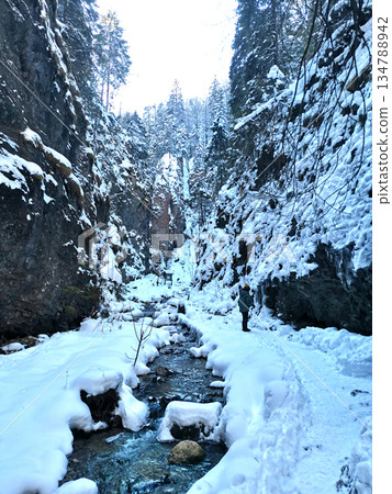Hiking trail next to a mountain river over a bridge 134788942