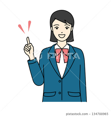 一位身穿校服西裝外套的高中女生面帶微笑，指著上方解釋著什麼。 134788965