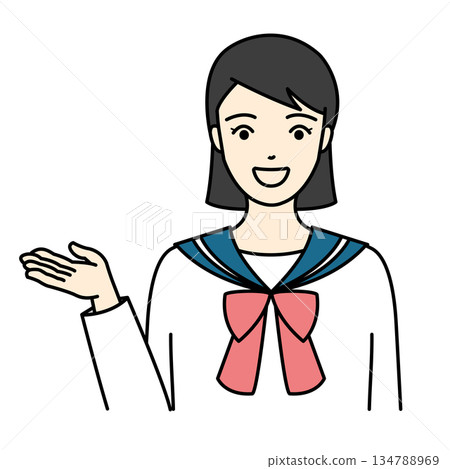 一名身穿水手服的高中女生面帶微笑,伸出右手為人們指引方向。 一名身穿水手服的高中女生面帶微笑,伸出右手為人們指引方向。 134788969
