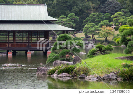 清澄庭園的亭台樓閣和池塘。依水而建，遍植松樹的庭園建築。 134789065