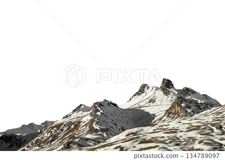 Dramatic alpine mountain summit with sharp shapes isolated on transparent background for creative and commercial projects. Dramatic alpine mountain summit with sharp shapes isolated on transparent background for creative and commercial projects. 134789097