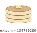 An illustration of three stacked pancakes topped with butter 134789280