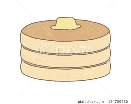 An illustration of three stacked pancakes topped with butter An illustration of three stacked pancakes topped with butter 134789280