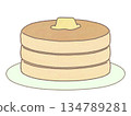 Illustration of three stacked pancakes topped with butter, with plate included 134789281