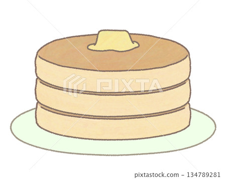 Illustration of three stacked pancakes topped with butter, with plate included 134789281