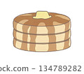 An illustration of three stacked pancakes covered in butter and syrup 134789282
