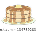 Illustration of three stacked pancakes covered in butter and syrup, with a plate 134789283