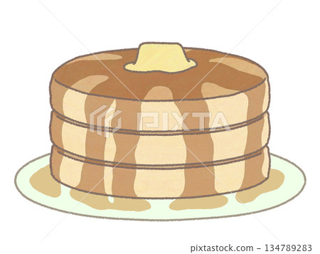 Illustration of three stacked pancakes covered in butter and syrup, with a plate Illustration of three stacked pancakes covered in butter and syrup, with a plate 134789283