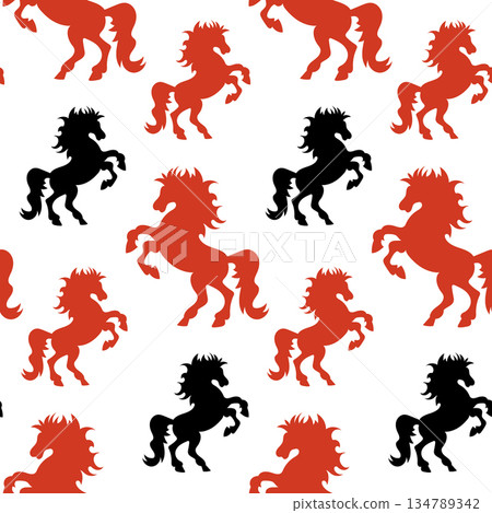 Red and black horses in seamless pattern. 2026 seamless pattern. Red horse. Black horse. 134789342