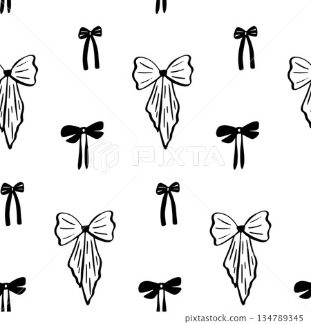 Black and white bows in seamless pattern. Whimsical bows. Retro bows. 134789345