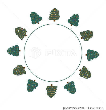 Christmas trees in round frame with copy space. 134789346