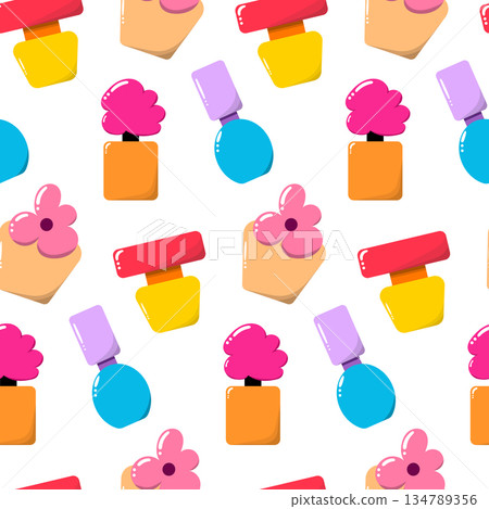 Seamless pattern with perfume bottles. Colorful seamless pattern. 134789356