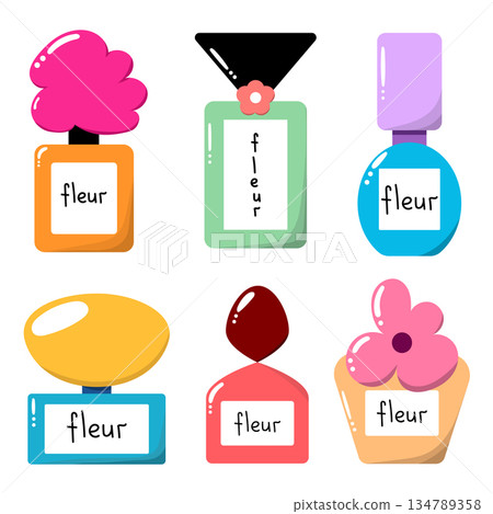 Set with perfume bottles. Cartoon perfume elements. 134789358