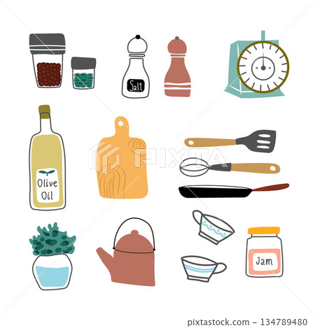 Set of simple kitchen elements. Cute cups, jar and kettle. Set of simple kitchen elements. Cute cups, jar and kettle. 134789480