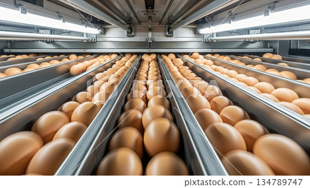 Industrial egg production facility conveyor belt system transporting thousands of brown eggs in commercial poultry processing plant 134789747