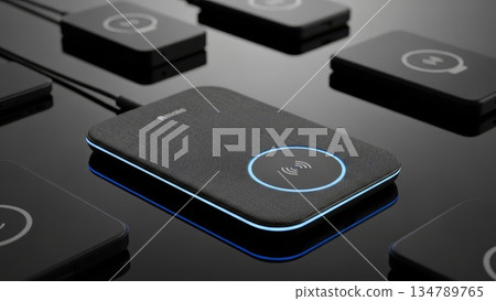 Modern wireless charging pad with blue LED indicator light surrounded by multiple black charging devices on reflective surface 134789765
