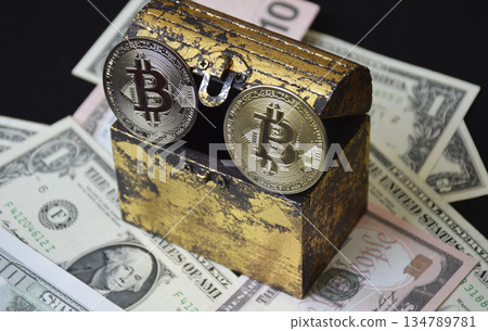 bitcoin coin and a chest next to a pack of dollars on a black background bitcoin coin and a chest next to a pack of dollars on a black background 134789781