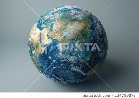Detailed representation of Earth showcasing continents and oceans from a slightly elevated perspective on a neutral background Detailed representation of Earth showcasing continents and oceans from a slightly elevated perspective on a neutral background 134789872