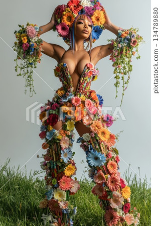 Model showcases vibrant floral couture in a striking fashion display surrounded by greenery during a spring photoshoot in a studio Model showcases vibrant floral couture in a striking fashion display surrounded by greenery during a spring photoshoot in a studio 134789880