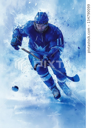 Hockey player in blue uniform skates swiftly on ice, capturing the excitement of winter sports during a competitive match in a vibrant arena 134790099