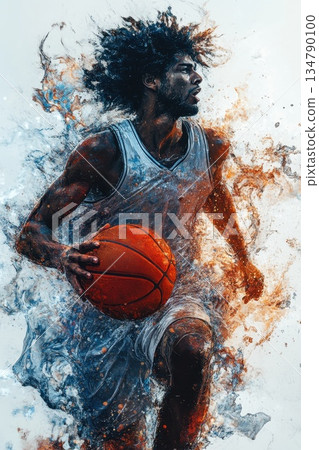 Athlete in white jersey drives towards the basket with basketball in hand, showing determination and focus in a dynamic and energetic display of sport Athlete in white jersey drives towards the basket with basketball in hand, showing determination and focus in a dynamic and energetic display of sport 134790100