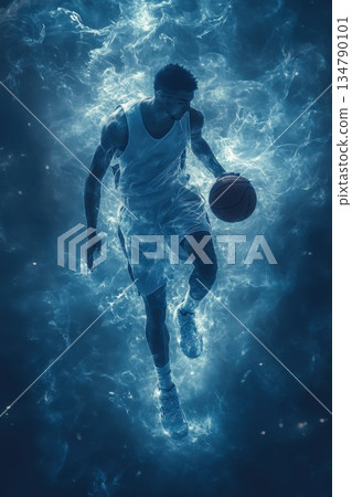 Dynamic basketball player dribbling a ball amid an ethereal blue mist in an artistic representation of movement and energy Dynamic basketball player dribbling a ball amid an ethereal blue mist in an artistic representation of movement and energy 134790101