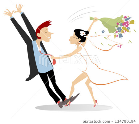 Wedding couple quarrel and fighting. Angry bride beating her bridegroom with a bunch of flower. Isolated on white background	 134790194