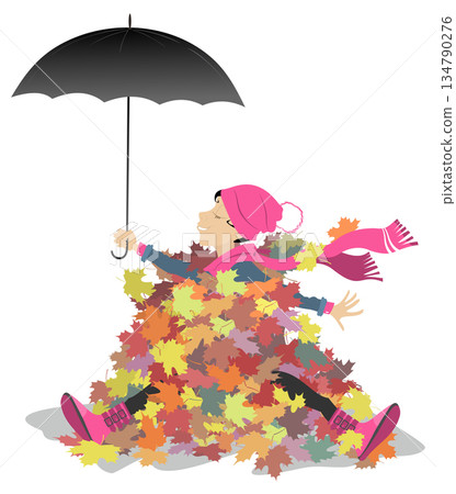 Young woman, umbrella and pile of autumn leaves. Smiling young woman with umbrella sitting in the big pile of multicolored autumn leaves. Isolated on white background Young woman, umbrella and pile of autumn leaves. Smiling young woman with umbrella sitting in the big pile of multicolored autumn leaves. Isolated on white background 134790276