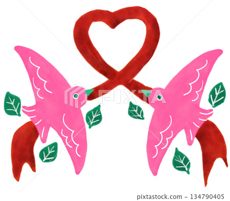 Heart-shaped ribbon and pink bird 134790405