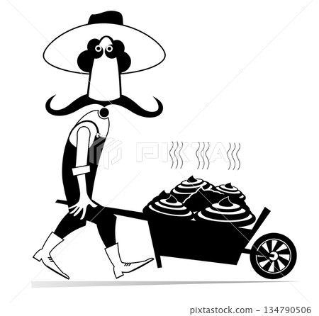Farmer or gardener rolls a cart full of dung. Cartoon farmer or gardener rolling a cart full of organic fertilizers. Agriculture, farming, manure. Black and white illustration 134790506