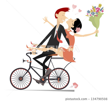 Happy young couple rides a bicycle. Happy lovers characters. Happy young man and young woman with bunch of flowers in the hand ride a bicycle. Isolated on white background 134790508