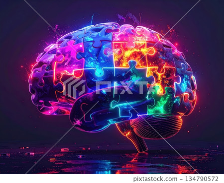 Glowing brain with jigsaw puzzle pieces representing mental health and logic 134790572