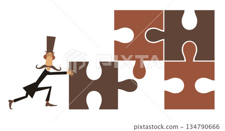 Man in the top hat solving the puzzle. Cartoon long mustache man in the top hat holding puzzle piece and connecting idea. Isolated on white background 134790666