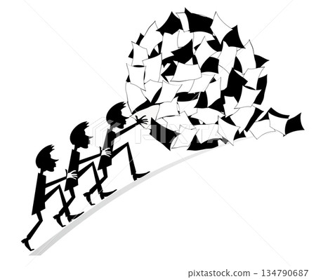 Business. Team work in business. Team work in business concept. Group of businessmen pushing up a big ball of papers. Black and white illustration Business. Team work in business. Team work in business concept. Group of businessmen pushing up a big ball of papers. Black and white illustration 134790687