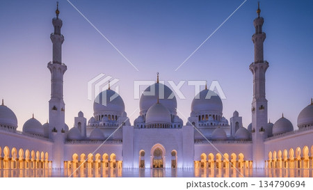 AI Generated Grand White Mosque with Dome and Architecture in Sunlight 134790694