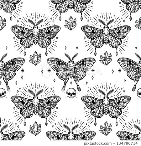 Mystical moth seamless pattern occult boho black line art 134790714