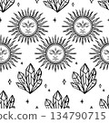 Sun and crystal seamless pattern boho mystic black line art 134790715