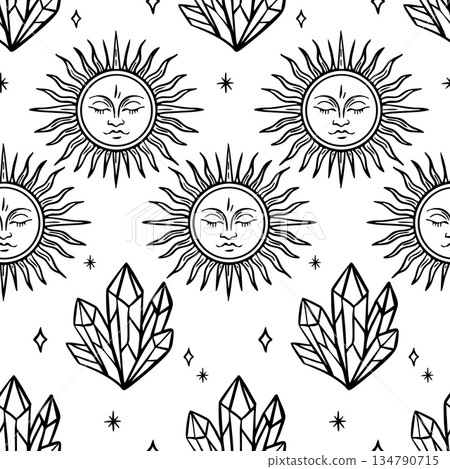 Sun and crystal seamless pattern boho mystic black line art 134790715