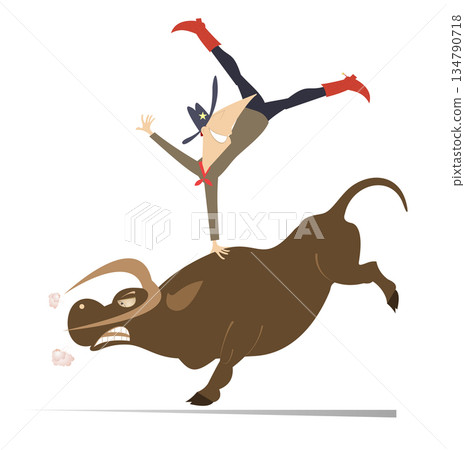 Rodeo. Farmer or cowboy. Angry bull. Farmer or cowboy balances on one hand on the back of an angry bull. Isolated on white background	 134790718