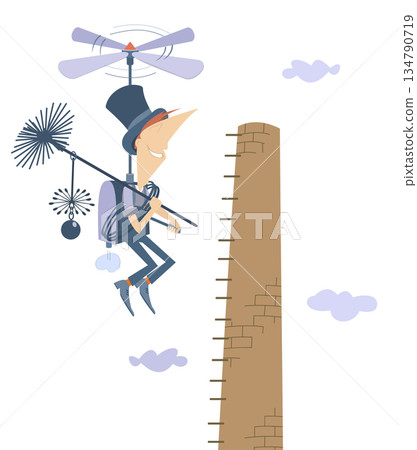 Cartoon flying chimney sweeper. Chimney sweeper, rope, chimney brush. Chimney sweeper flies using a flying vehicle with propeller and is going to clean stove pipe. Isolated on white background 134790719