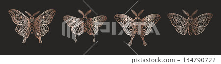 Mystic rose gold moths boho celestial gothic tattoo set on black background 134790722