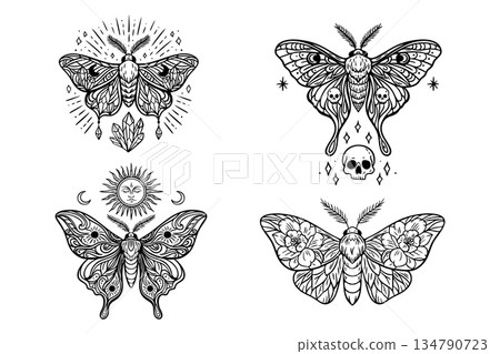 Mystic moth tattoo set celestial boho line art with skulls, sun, moon, crystals, flowers Mystic moth tattoo set celestial boho line art with skulls, sun, moon, crystals, flowers 134790723