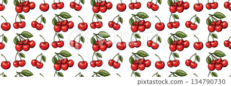 Seamless cherry pattern with red fruit and green leaves 134790730