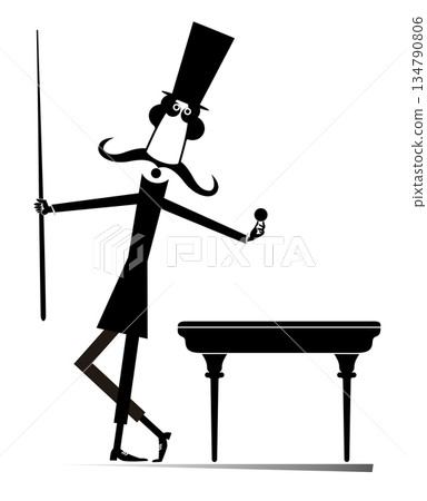 Man in the top hat playing billiards at club. Cute long mustache man in the top hat holding a cue and snooker ball. Black and white illustration Man in the top hat playing billiards at club. Cute long mustache man in the top hat holding a cue and snooker ball. Black and white illustration 134790806