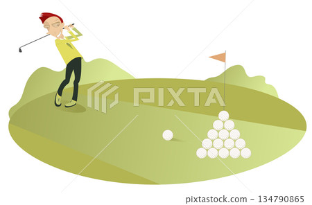 Golfer man on the golf course. Golf course. Cartoon young golfer man aiming to do a good shot. Isolated on white background	 134790865