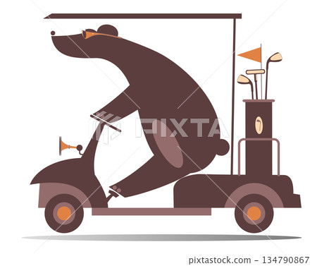 Cute bear on the golf cart car goes to play golf. Cute bear going to play golf in the golf cart. Isolated on white background Cute bear on the golf cart car goes to play golf. Cute bear going to play golf in the golf cart. Isolated on white background 134790867