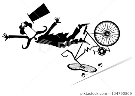 Cartoon man in the top hat falling down from the bicycle. Cartoon long mustache gentleman in the top hat falling down from the bicycle. Black and white illustration Cartoon man in the top hat falling down from the bicycle. Cartoon long mustache gentleman in the top hat falling down from the bicycle. Black and white illustration 134790869