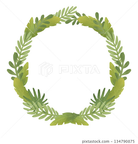 Round green wreath, frame with tropical leaves, greenery, plant branches. Template with a round space for copying. Cartoon illustration in a flat style. Watercolor, pastel. For design of products 134790875