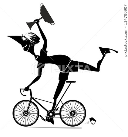 Cartoon man rides a bike and wins the race. Smiling man in helmet rides a bike and finishes with a winner cup in the hand. Black and white illustration 134790907